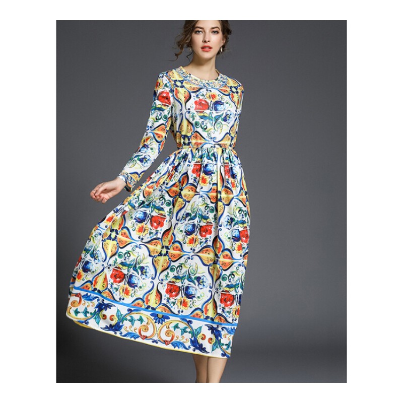 欧美时尚走秀女春装新品波西米亚复古彩花瓷雪纺大摆长袖连衣裙