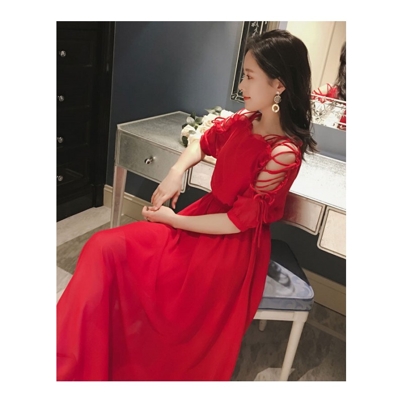 红色长裙夏女2018新款中长款韩版气质仙女裙子修身a型显瘦连衣裙红色