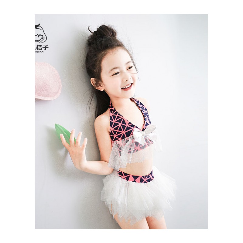 女童比基尼泳衣公主裙式儿童挂脖分体式泳衣夏天海边泳衣套装韩版粉色
