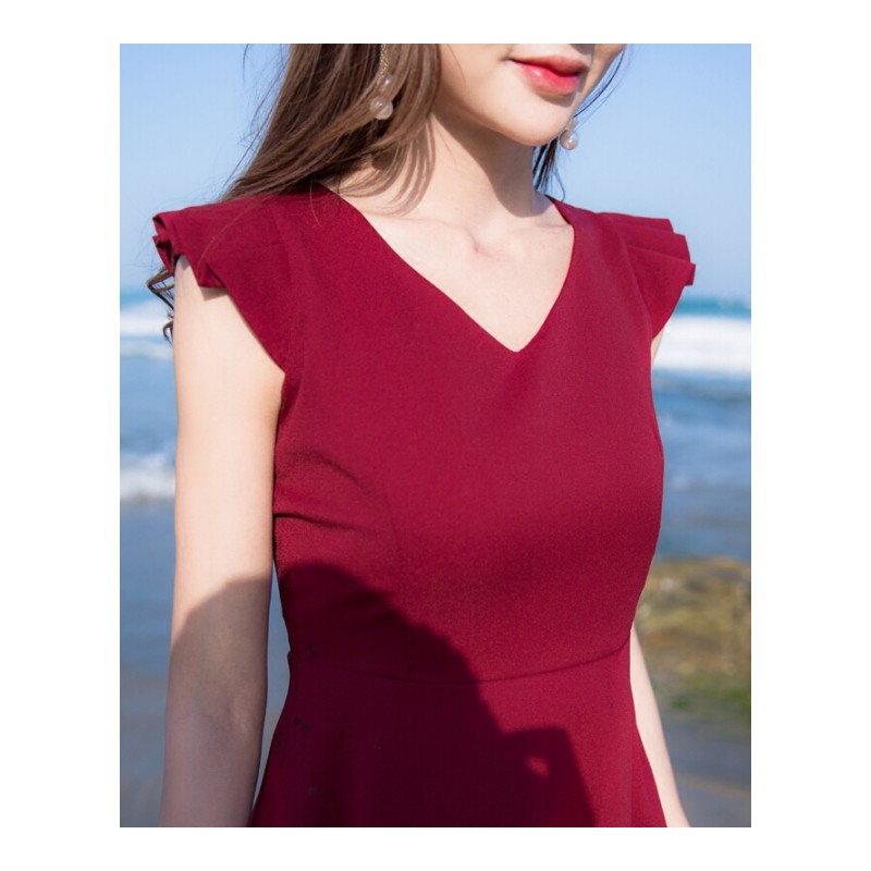 2018夏装新款女装修身无袖V领气质复古雪纺连衣裙短裙酒红酒红色