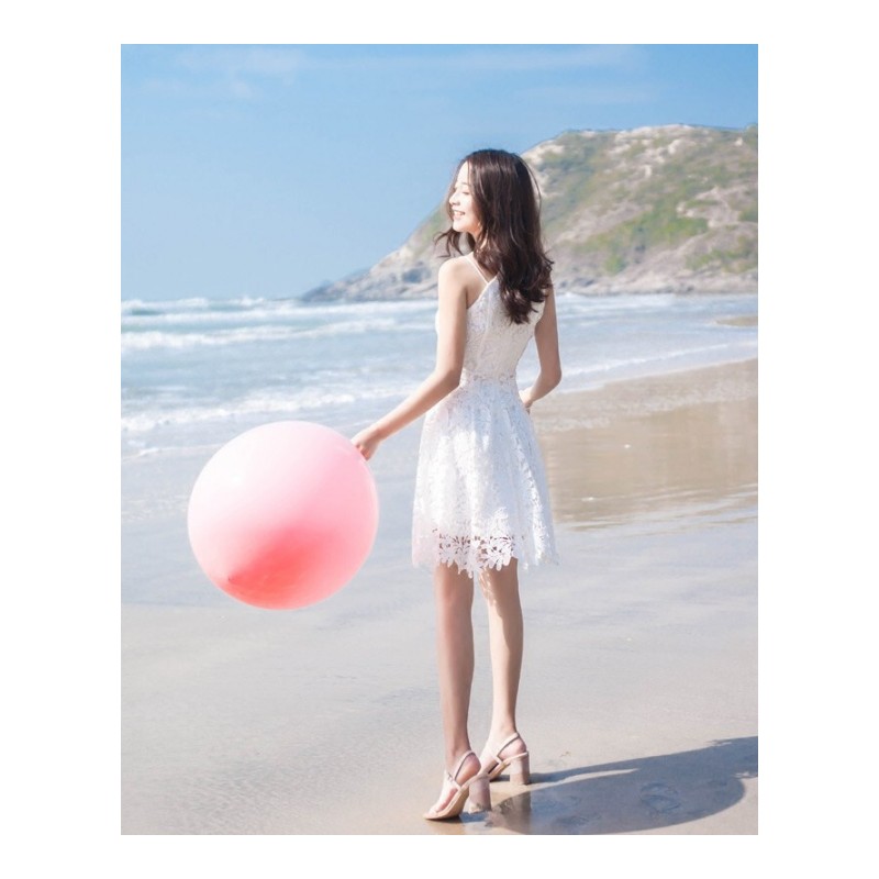2018夏季新款女装韩版气质漏肩显瘦无袖蕾丝连衣裙短裙白色