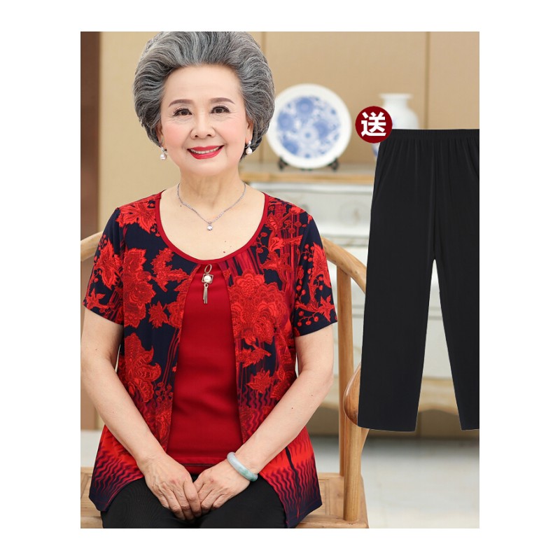 中老年人女装夏装假两件奶奶上衣服女60-70岁老太太妈妈装套头T恤