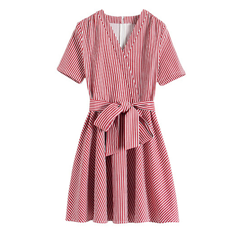 2018夏季新款女装小个子V领条纹连衣裙高腰显瘦小心机设计感裙子条纹连衣裙