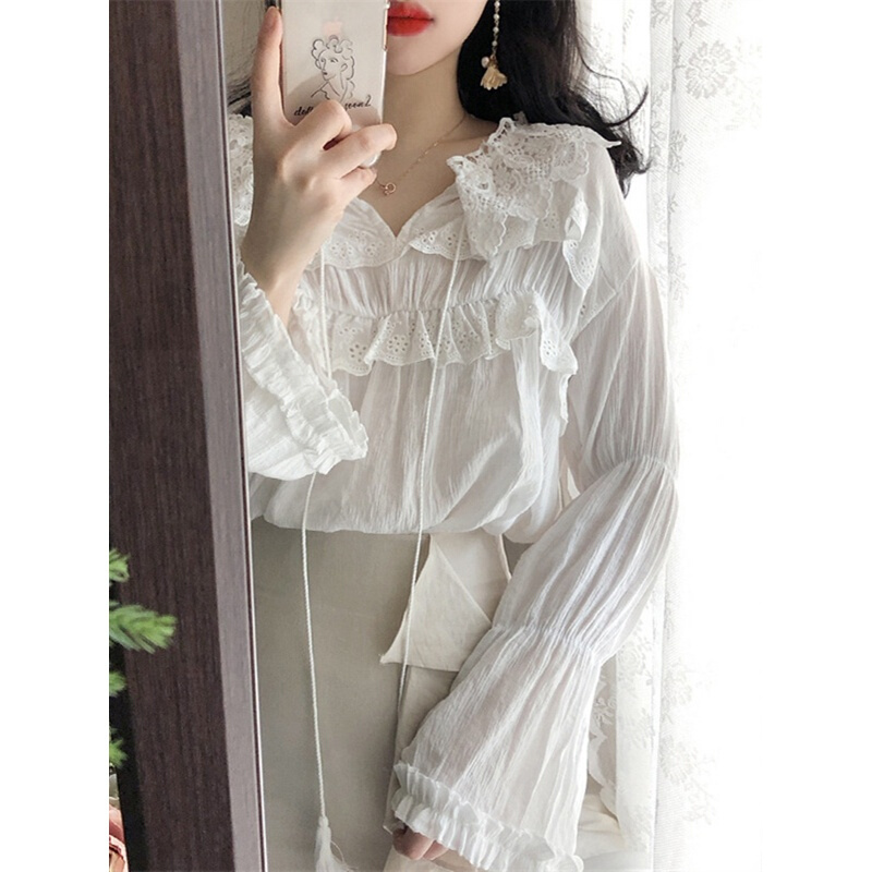 2018春装新款韩版超仙甜美雪纺衫女泡泡袖显瘦娃娃蕾丝打底衫上衣