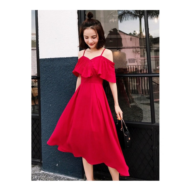 一字肩雪纺长裙女夏装2018新款imiss裙子超仙露肩红色带连衣裙