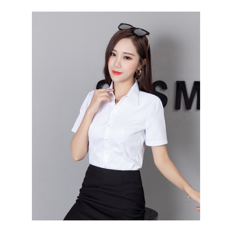 韩版棉白衬衫女短袖夏装半袖工作服正装工装大码衬衣职业女装ol白色V领新款