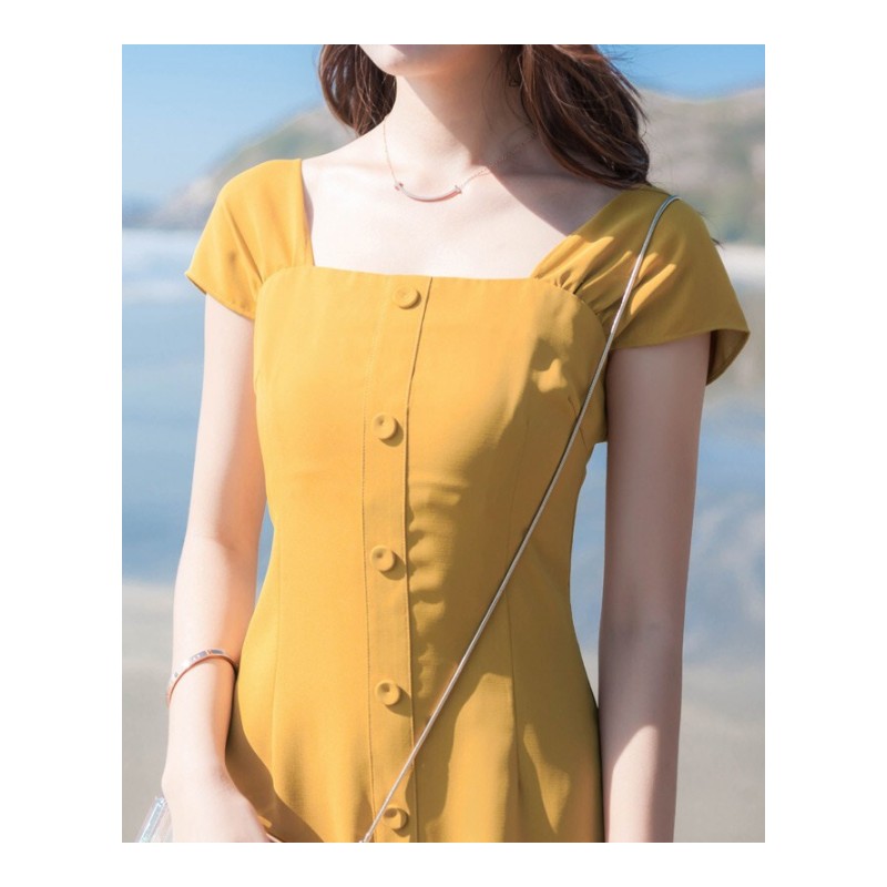 2018夏季新款女装韩版显瘦气质名媛小香风单排扣方领连衣裙黄色