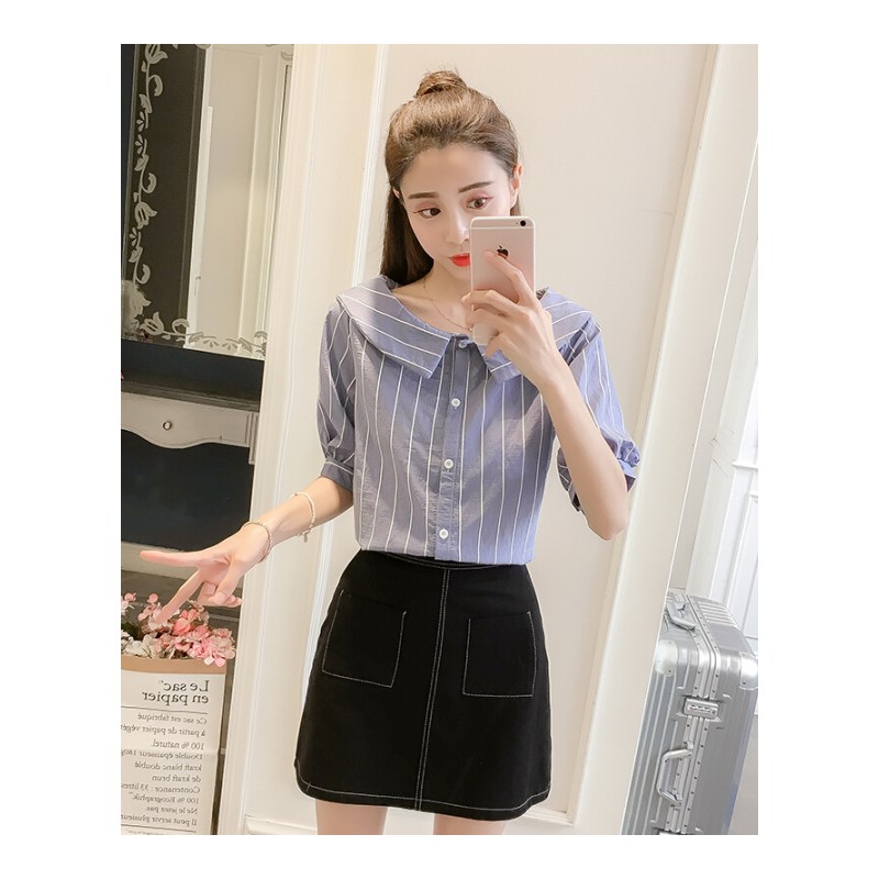 2018夏季新款女装韩版甜美娃娃领条纹短袖衬衫女士打底上衣衬衣潮