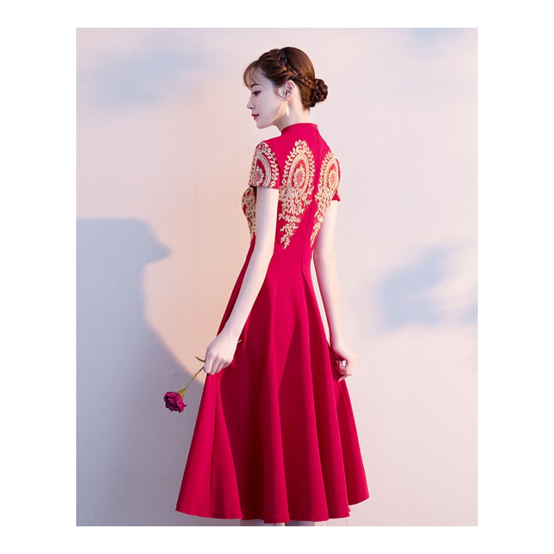 中式敬酒服新娘旗袍2018新款夏季中长款红色结婚礼服回服显瘦女