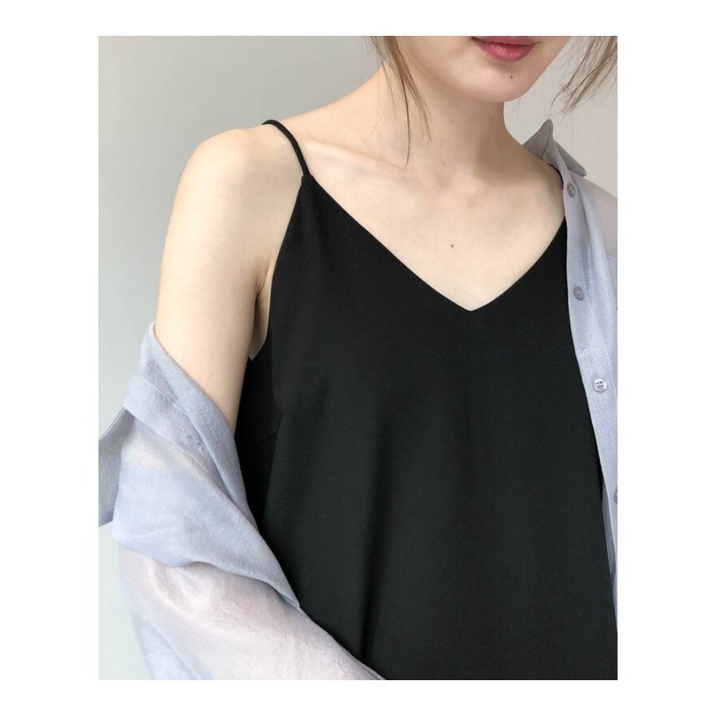 韩国夏装V领黑色带裙外穿打底性感连衣裙开叉纯色中长款长裙女黑色