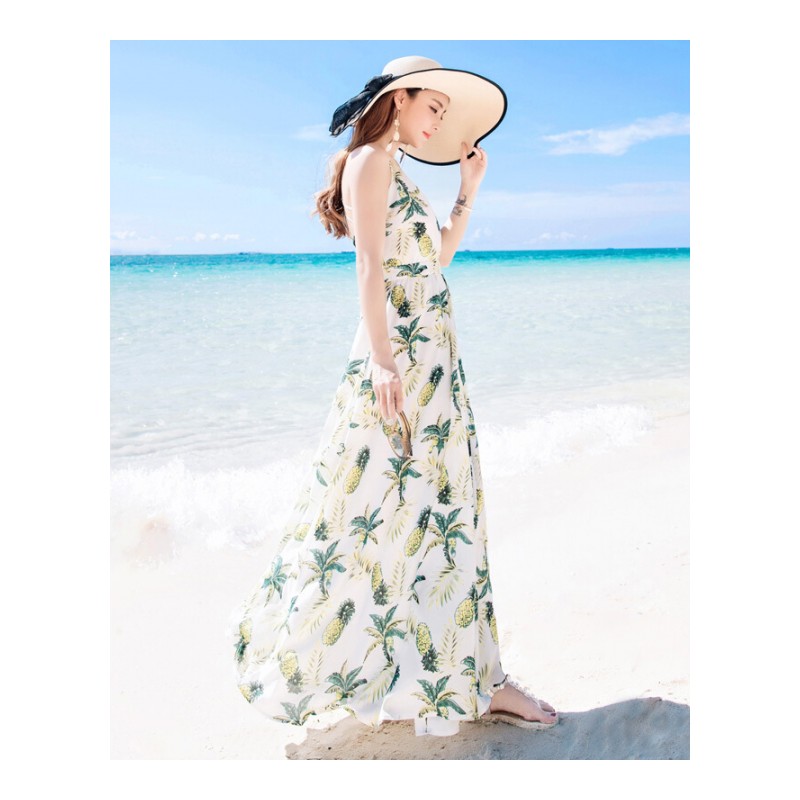 夏季泰国巴厘岛女装海边度假沙滩裙露背带连衣裙波西米亚长裙子花色