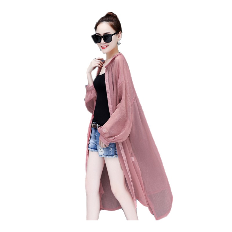 夏季雪纺防晒衣女士长袖中长款开衫韩版时尚蕾丝衬衫宽松外套