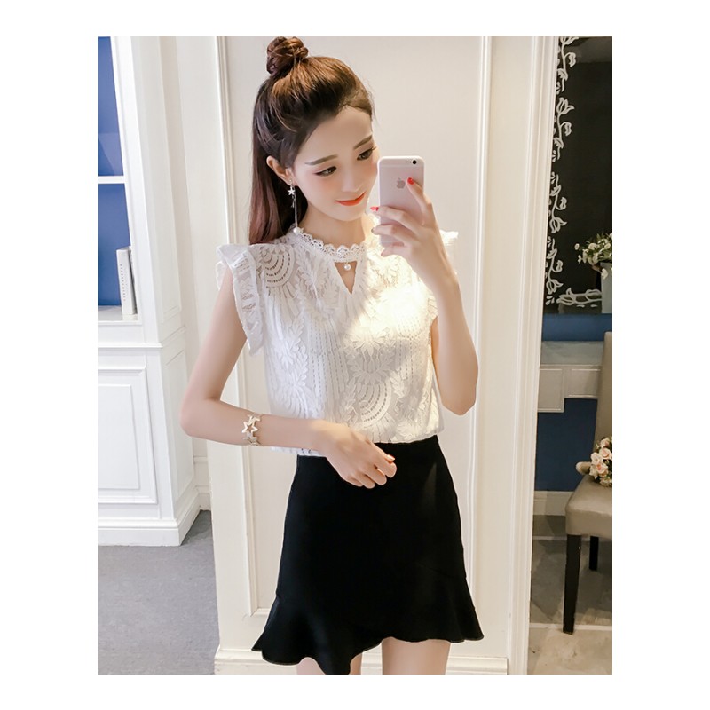 2018夏装新款韩版无袖镂空V领短款蕾丝衫显瘦洋气小衫打底上衣女