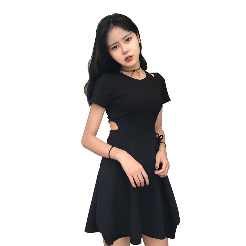 秋季女装韩版气质修身复古性感镂空显瘦黑裙短袖连衣裙短裙
