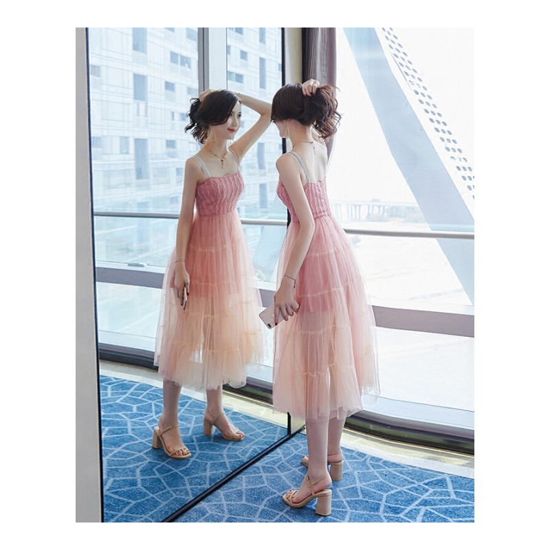 2018夏季新款女装修身显瘦名媛气质网纱带一字肩连衣裙超仙长裙粉红色图片色