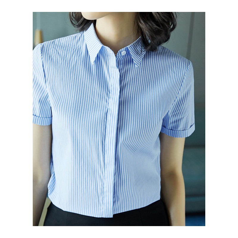 2018夏装新款棉短袖条纹衬衫女职业正装显瘦蓝白竖条纹棉上衣条纹