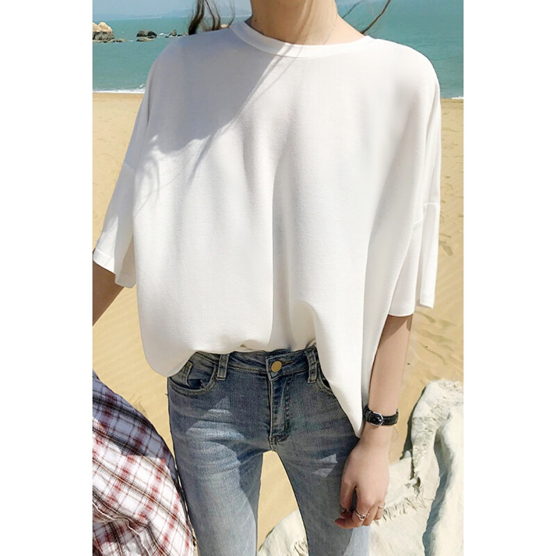 T恤女短袖2018夏装新款韩版宽松百搭大码体恤纯色冰丝针织衫上衣白色冰丝T恤均码