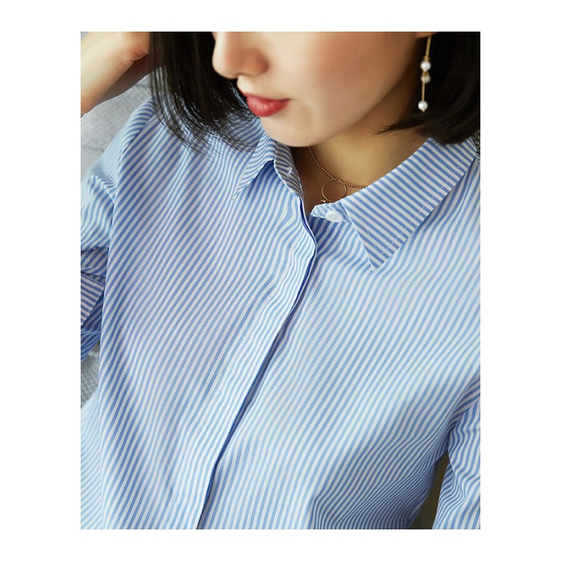 衬衫女长袖2018新款春夏棉蓝色职业装条纹正装蓝白衬衣工作服竖