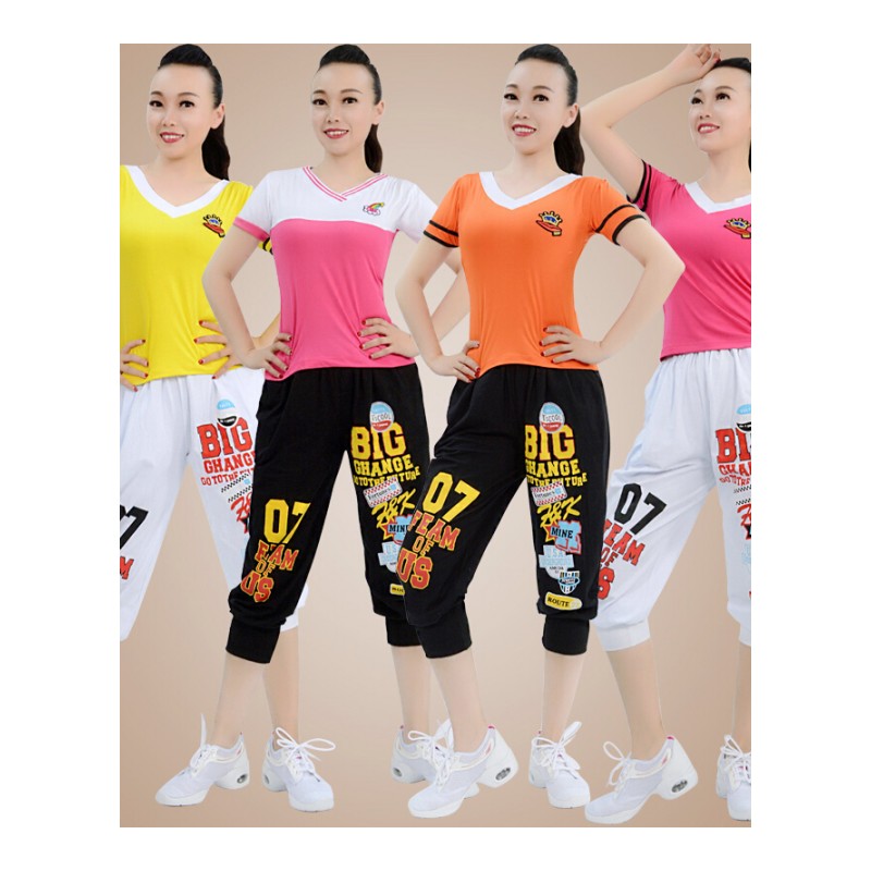 2018格格广场舞服装夏季新款套装运动舞蹈服女嘻哈水兵舞服装1706#橙色短袖+白色7分裤