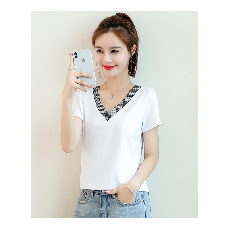 夏季白色v领短袖T恤女上衣服韩版2018新款半袖纯色宽松打底体恤衫