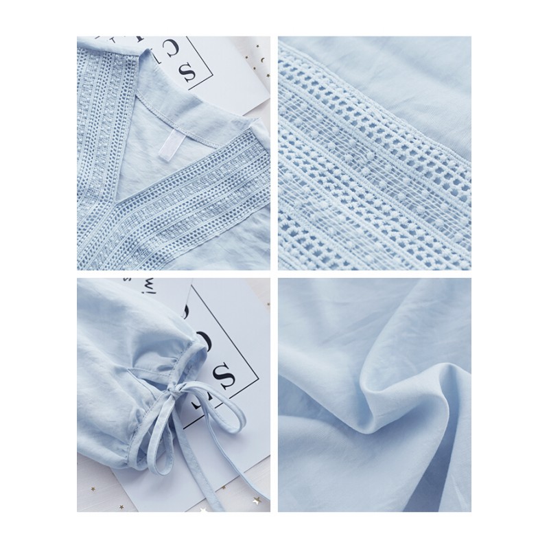 2018夏装新款七分袖超仙甜美雪纺衫衬衣女宽松半袖衬衫领上衣白色均码