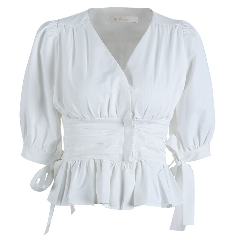 2018夏季新品V领上衣女气质五分泡泡袖收腰百搭宽松复古衬衫白色