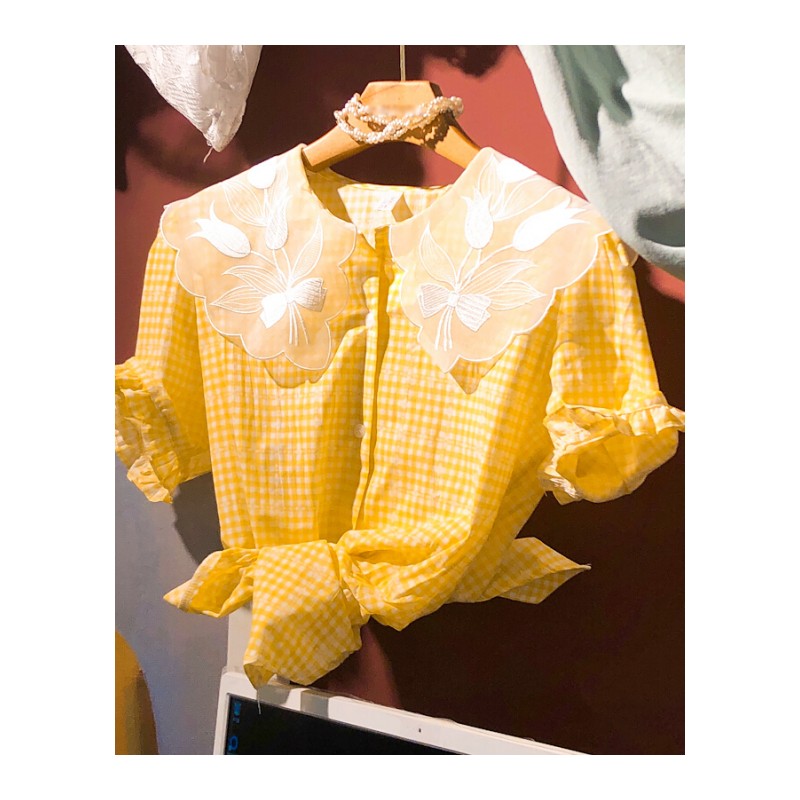 2018夏装新款韩版气质衬衣花纹翻领系扣格纹短袖衬衫女上衣潮黄色