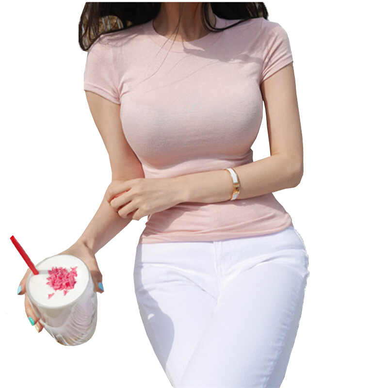 2018夏季新款圆领T恤女纯色短袖打底衫白色修身半袖体恤紧身