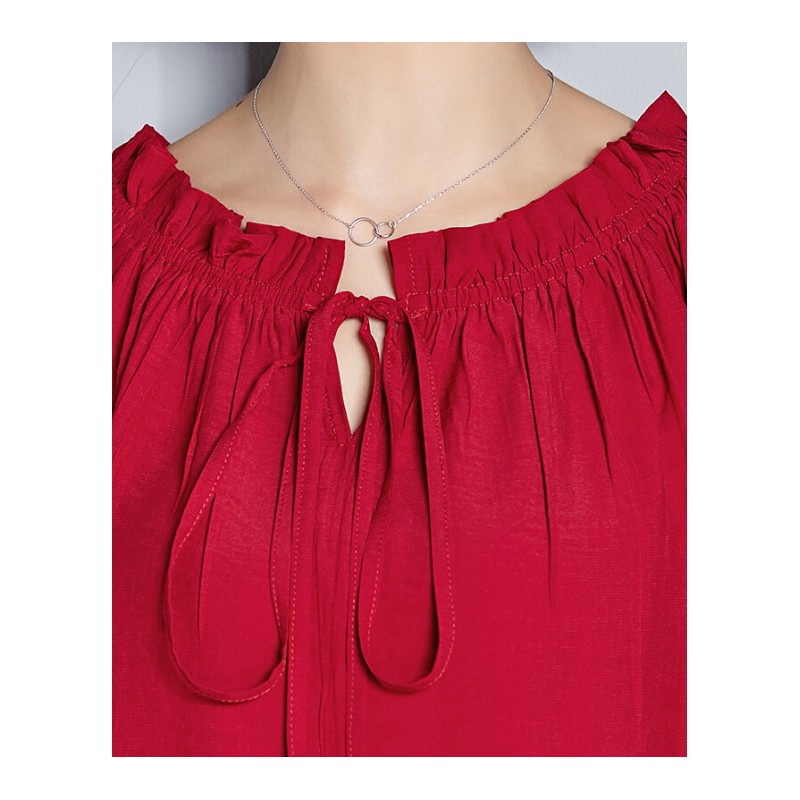 短袖女2018夏季新款一字领露肩短款雪纺衬衫红色小衫女宽松上衣女