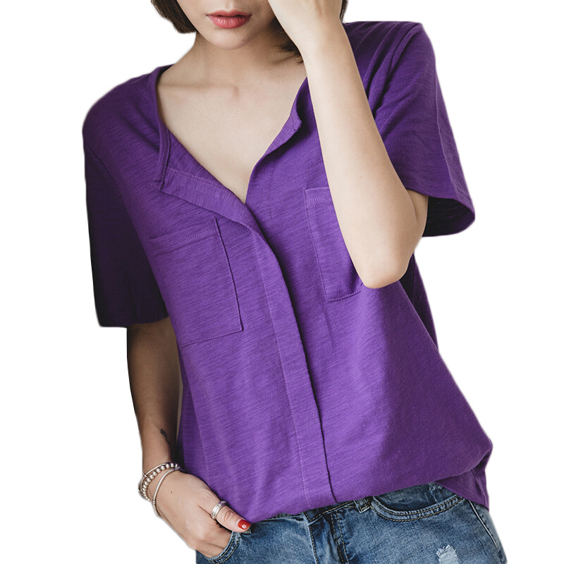 半袖v领T恤女装大码宽松纯棉短袖夏季宽松全棉百搭上衣紫色短袖