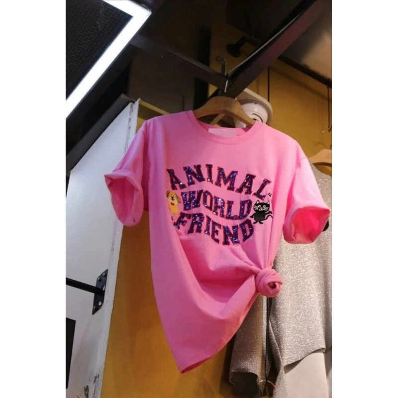 粉色T恤女夏季韩版宽松体恤休闲百搭短袖女亮片纯棉上衣学生半袖粉红色