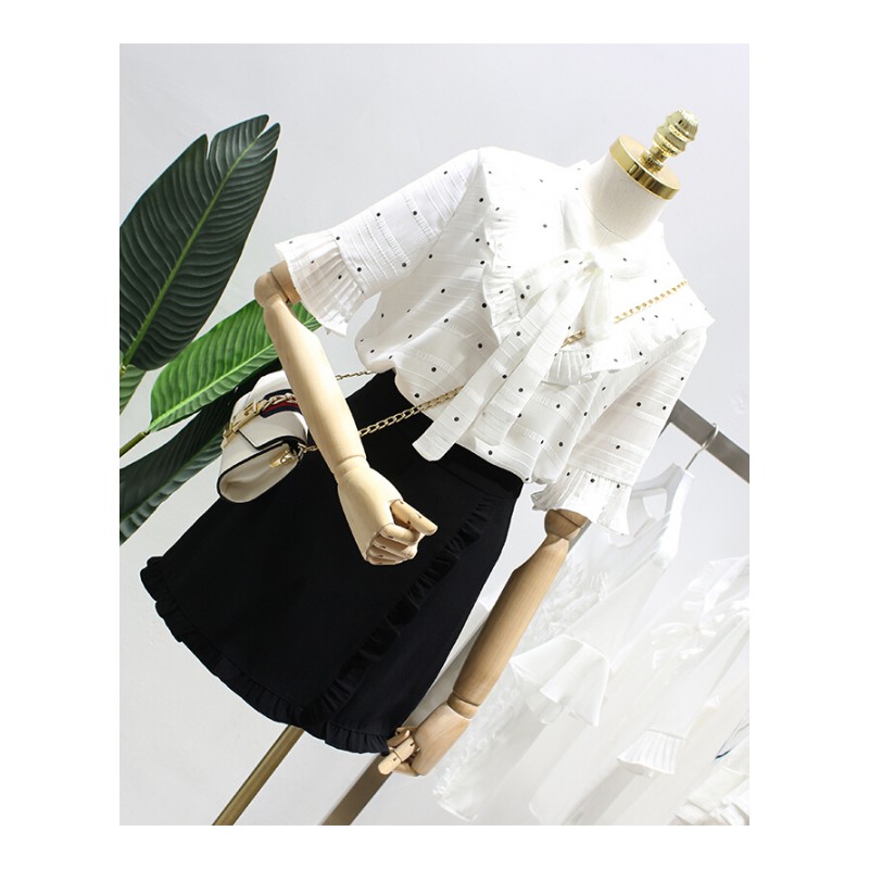 2018夏韩版宽松显瘦圆点衬衫女白色雪纺短袖上衣荷叶边喇叭袖衬衣白色