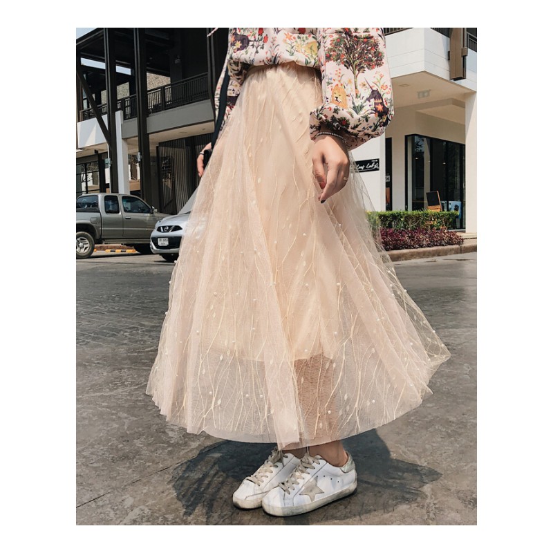 网纱半身裙春夏女2018新款高腰A字百褶裙中长款纱裙时尚钉珠长裙杏色均码