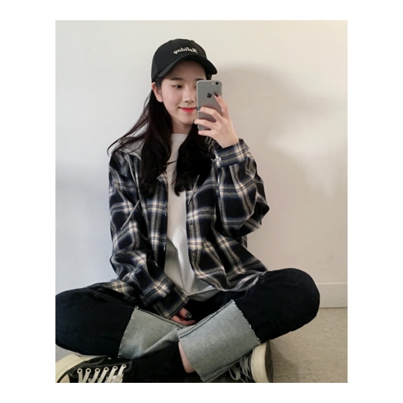 2018春秋新款韩版学生BF连帽格子衬衫女宽松长袖衬衣外套薄连帽衫黑色