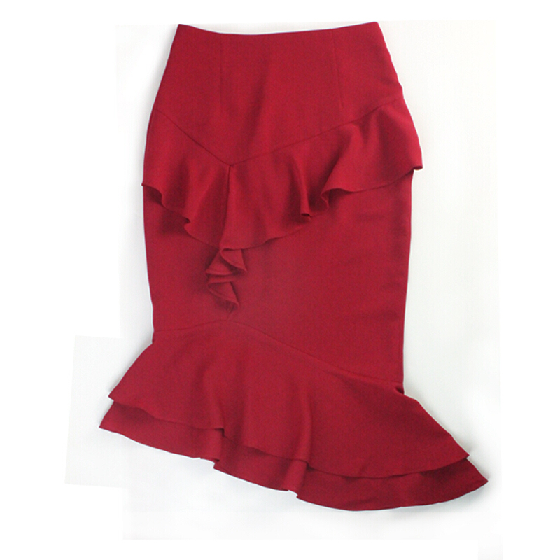 荷叶边包臀裙半身裙女夏中长款雪纺裙子长裙高腰红色鱼尾裙半身裙