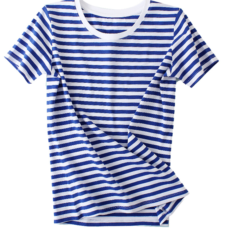 可定制蓝白条纹T恤短袖女圆领纯棉新款海魂衫学生宽松打底衫海军