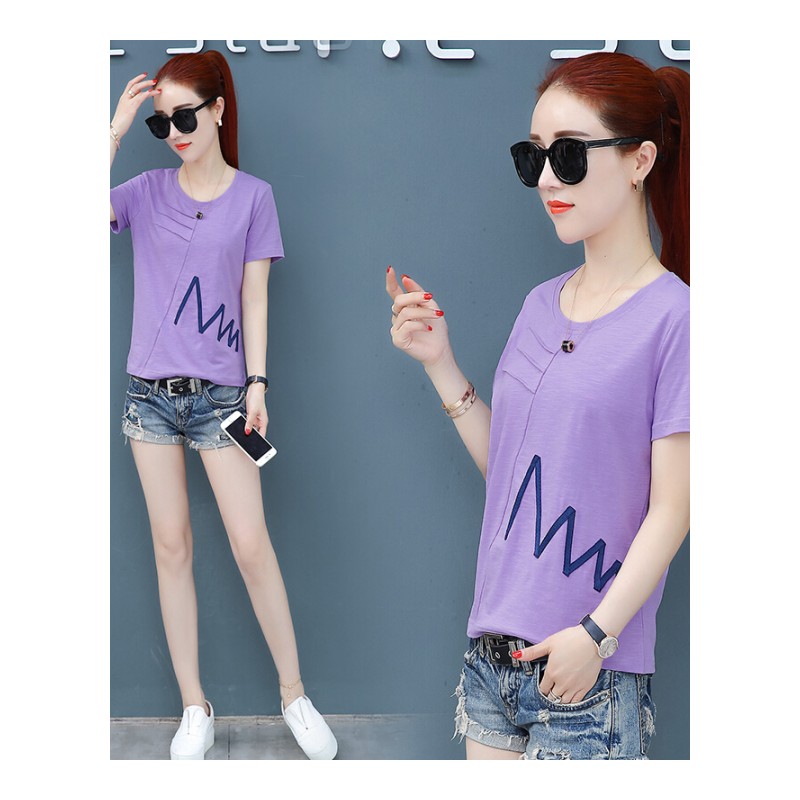 2018夏装新款韩版宽松短袖T恤女大码女装打底衫半袖上衣夏天小衫紫色