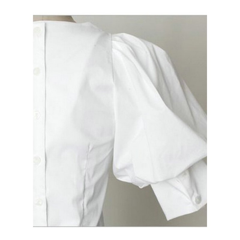 2018夏款韩版灯笼袖衬衫女短袖圆领修身显瘦白色休闲泡泡袖