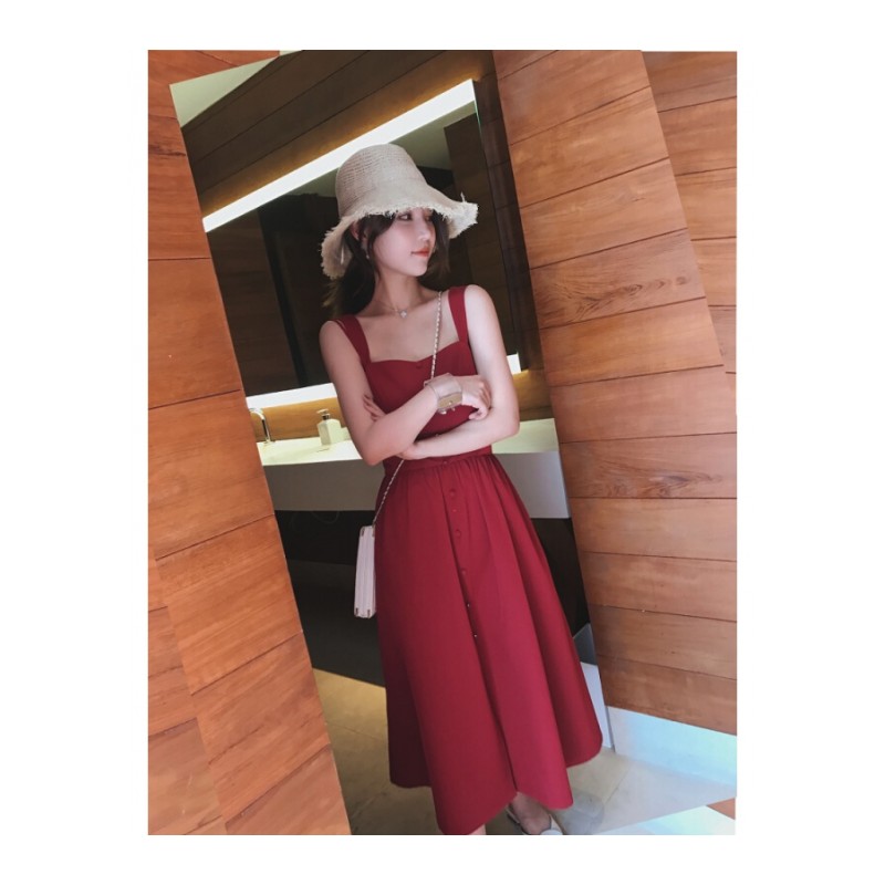 带连衣裙女夏2018新款中长款韩版显瘦气质外穿小清新红色长裙子