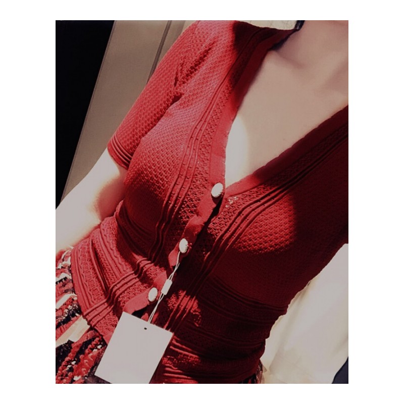 2018夏季新款刘钰懿同款针织短款小开衫百搭V领显瘦修身上衣薄女暗红色针织开衫