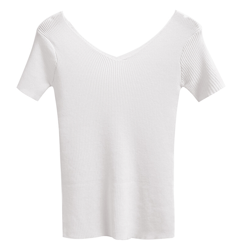 白色针织冰丝短袖女夏露背v领T恤修身显瘦薄款微透上衣2018新款牙白色品质版(冰丝棉)