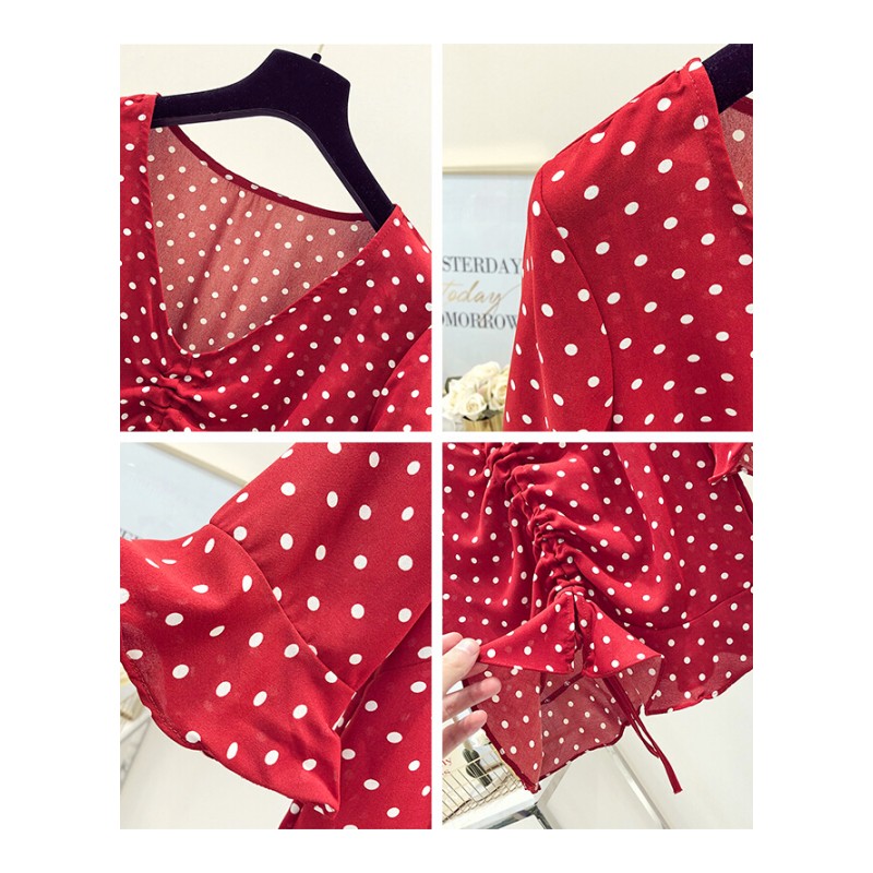 雪纺衫女夏季2018新款韩版超仙甜美V领抽绳短袖红色雪纺上衣