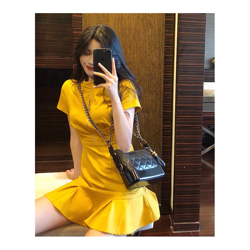 夏季新款韩版黄色修身收腰荷叶边裙摆短袖连衣裙女学生休闲裙子黄色