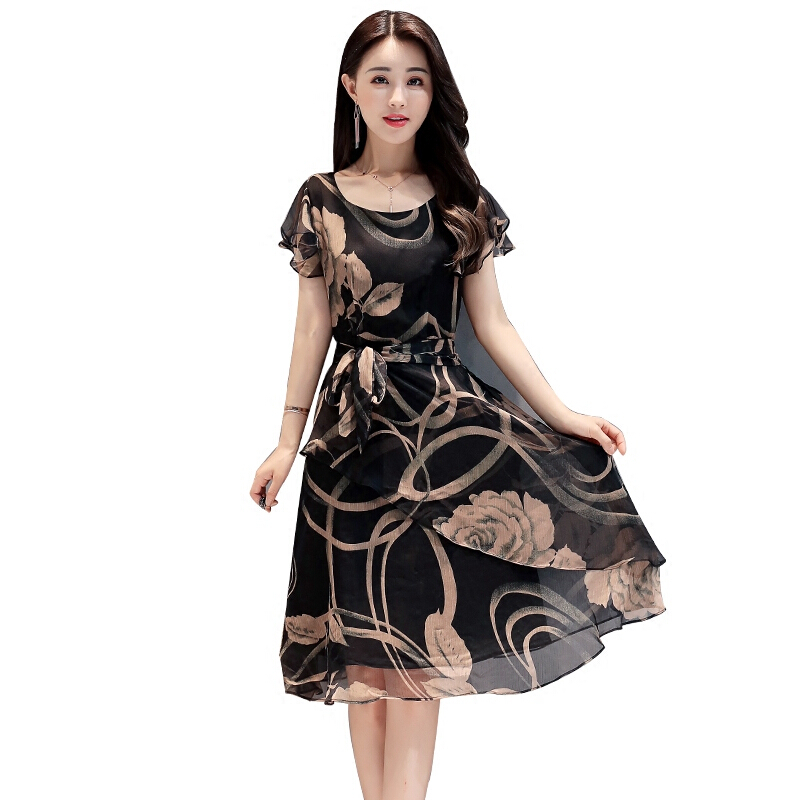2018夏季新款女装韩版显瘦大码印花雪纺连衣裙时尚气质A字中长裙图片色