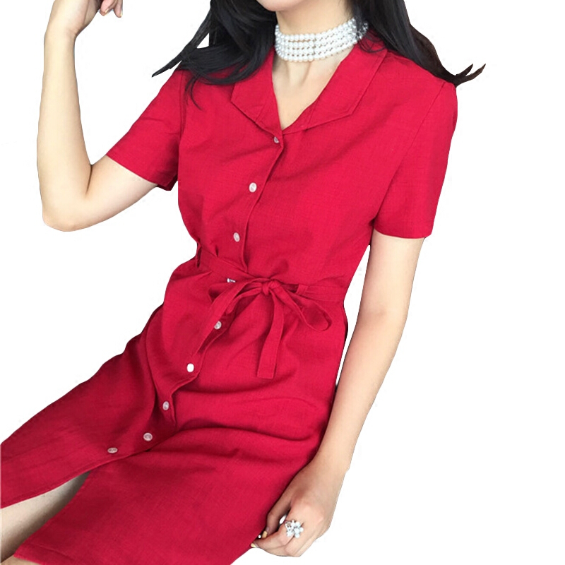 夏装2018新款女复古红气质短袖连衣裙百搭单排扣显瘦中长款裙子潮复古红