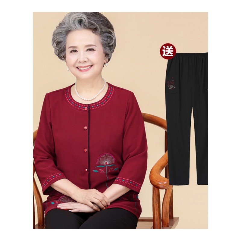奶奶装春夏装七分袖套装60-70岁老太太T恤中老年人女装上衣+裤子