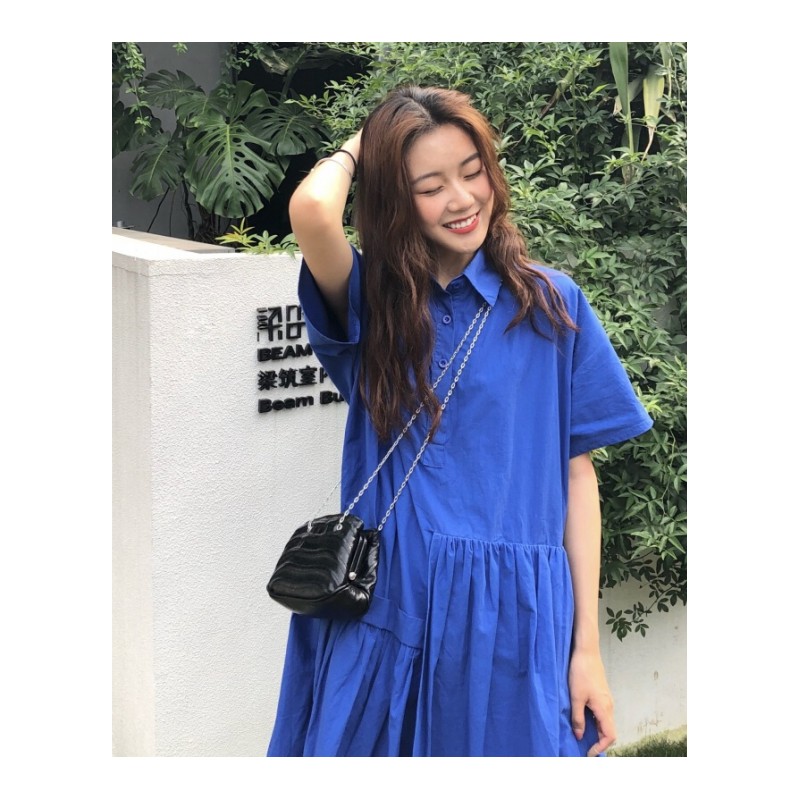 夏装女装新款韩版中长款两层裙摆蓝色宽松显瘦短袖衬衫连衣裙长裙 蓝色 均码