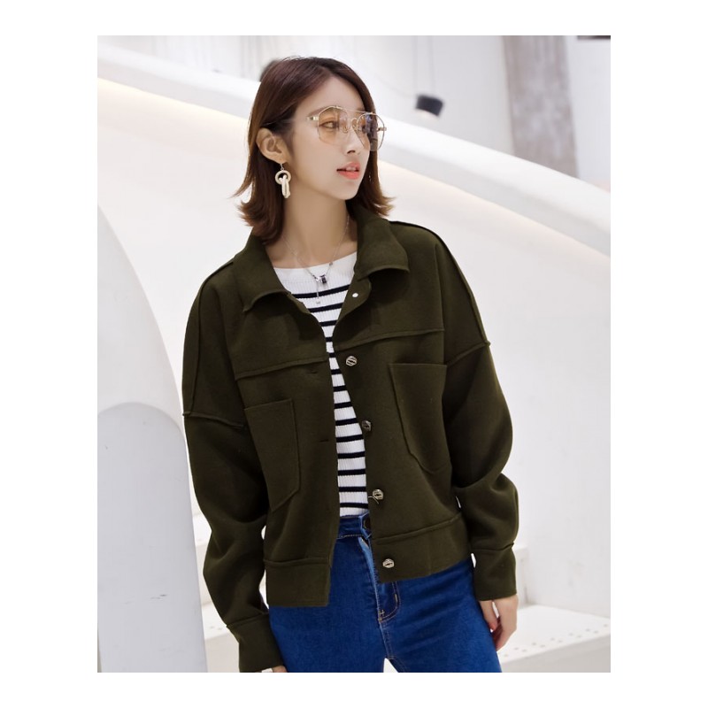 2018年秋季新款女装韩版宽松薄毛呢外套短款时尚工装夹克上衣潮
