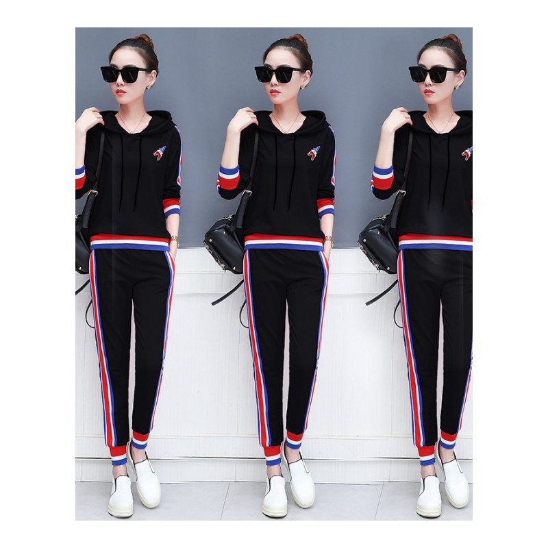 2018秋季新款韩版大码休闲时尚显瘦女士跑步运动服两件套套装潮
