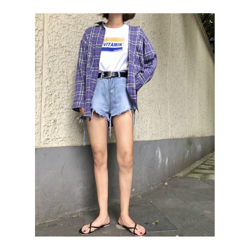 2018年新款韩版秋季新款韩版时尚紫色大格子宽松薄款防晒衫上衣